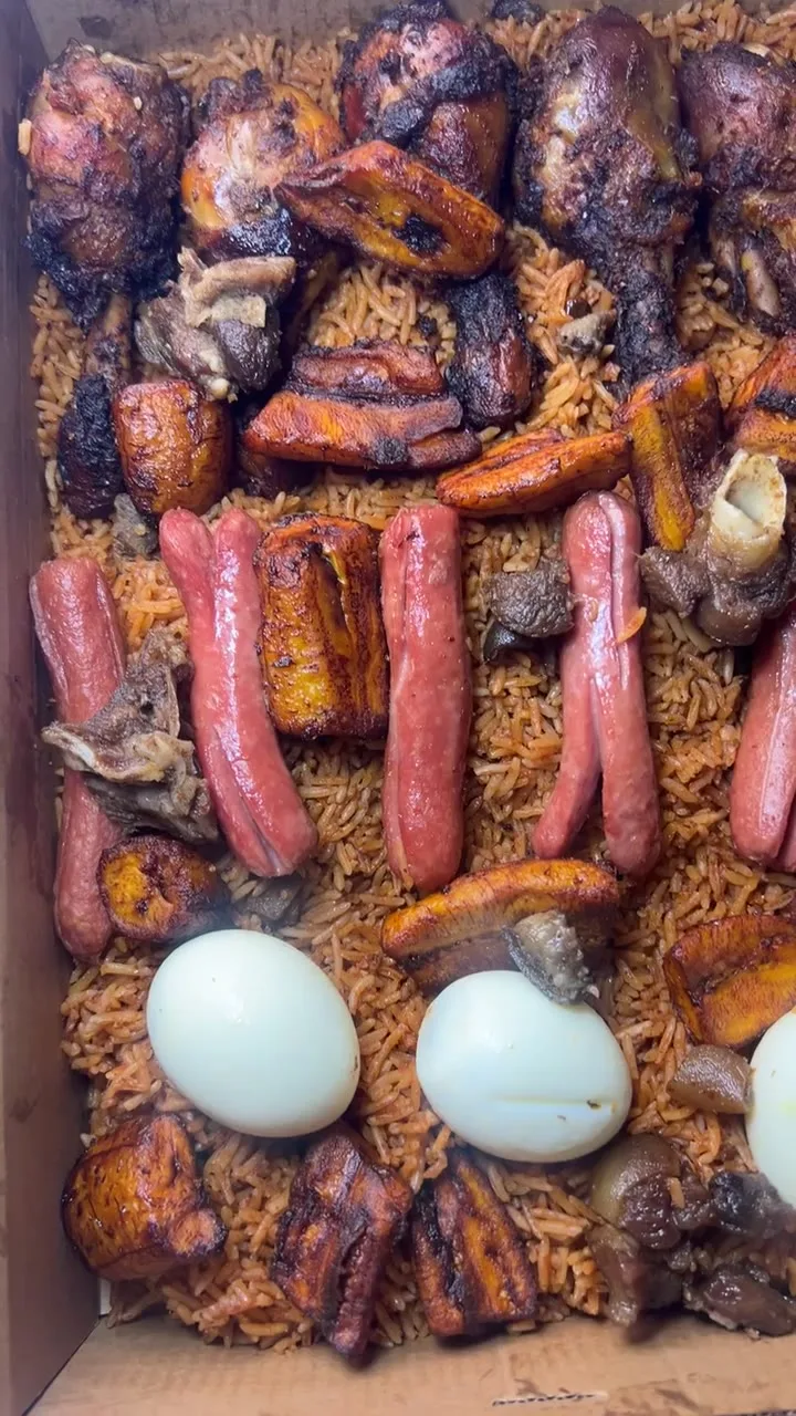 Assorted Spicy goat meat Jollof rice