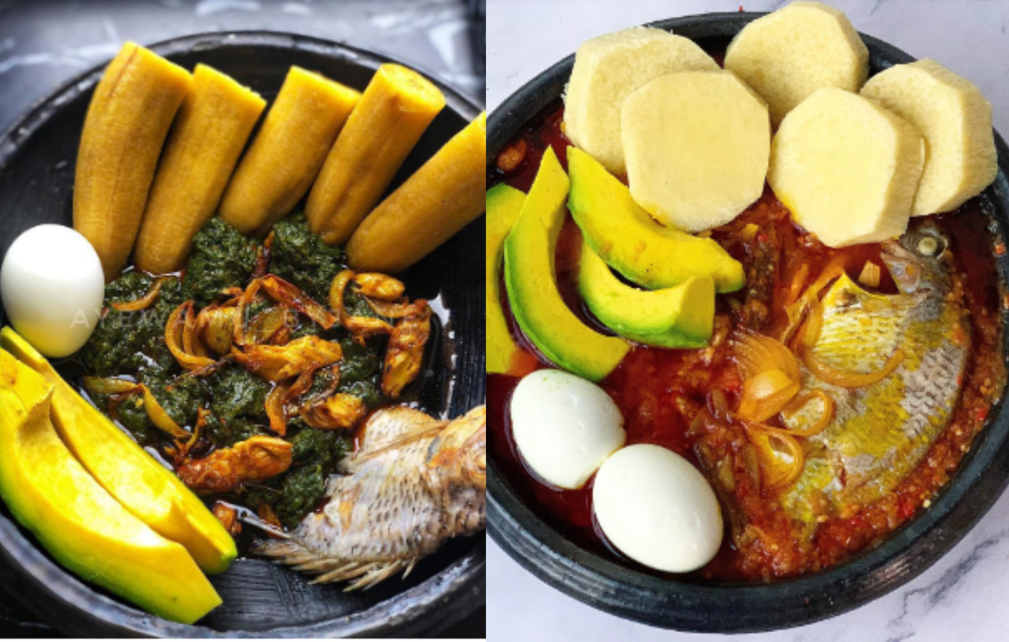 Kontomire stew and boiled plantain